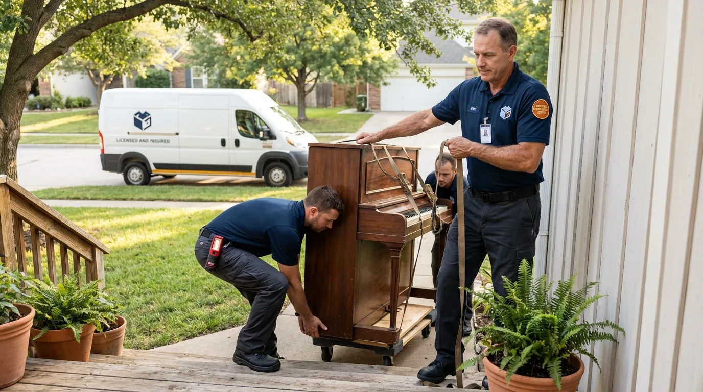 Licensed piano movers securing grand piano in Midway, KY