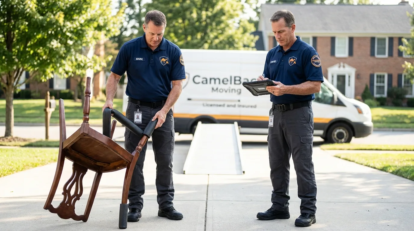 Movers inspecting furniture for damage prevention before loading in Midway, KY