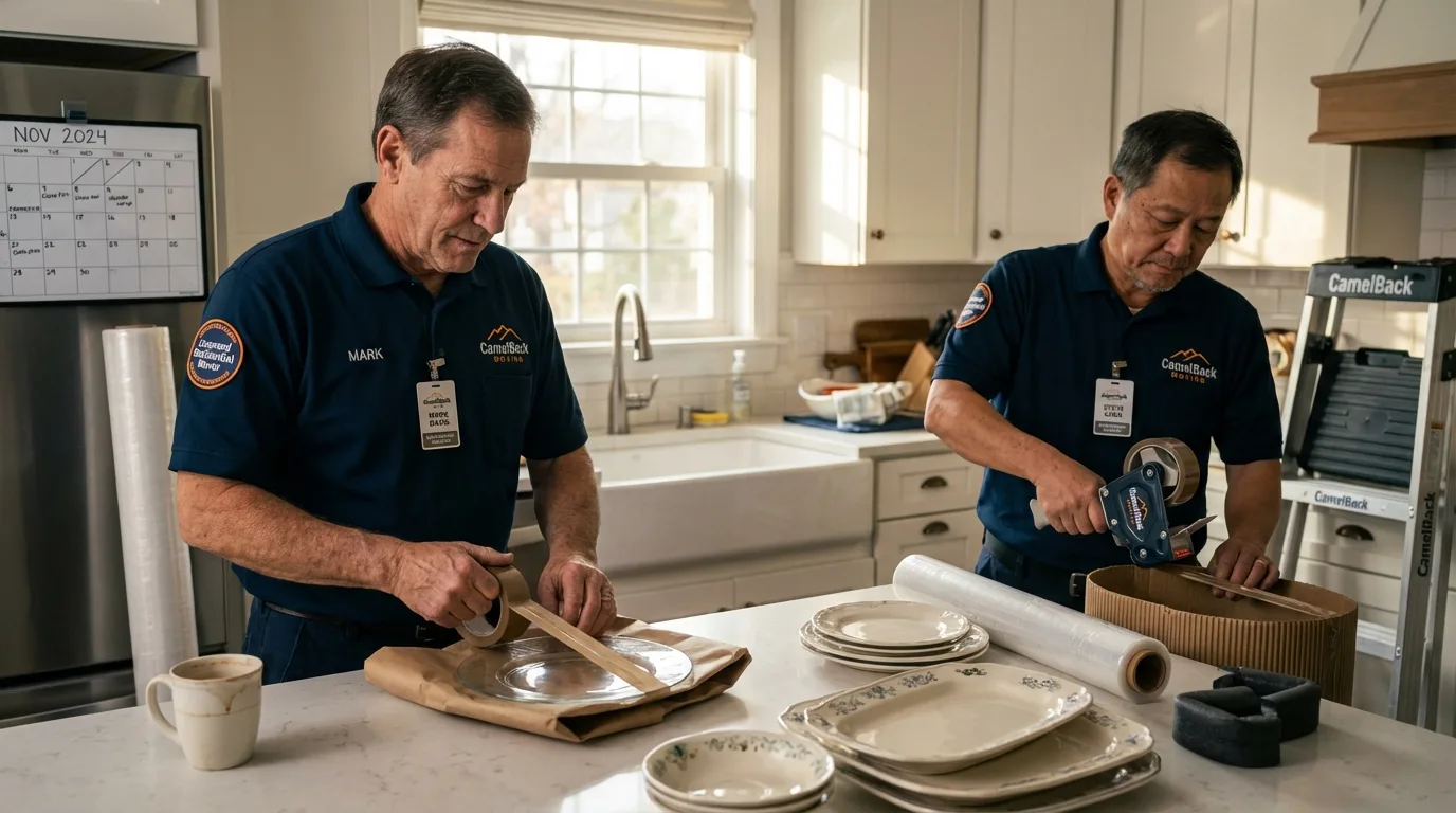 Professional crew packing kitchen dishware in Midway, KY